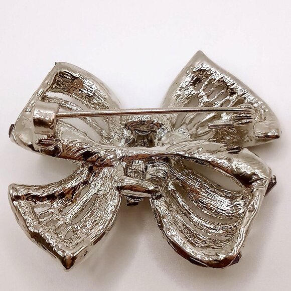 Vintage Bow Ribbon Brooch Silver-Tone Metal Blue Enamel Shiny Rhinestones Pin - Picture 4 of 11